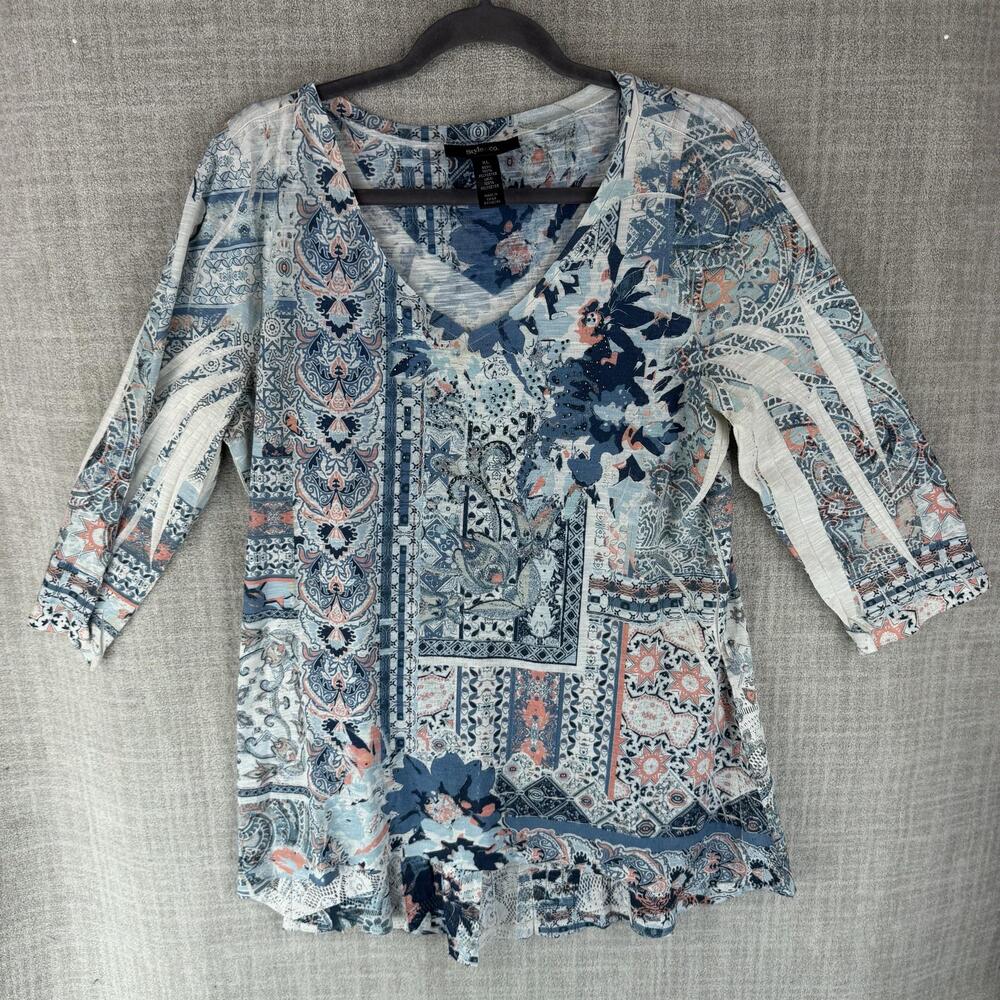 Style&co. Blouse Womens XL Blue Tunic V-Neck 3/4 Sleeve Floral Crochet Ruffle